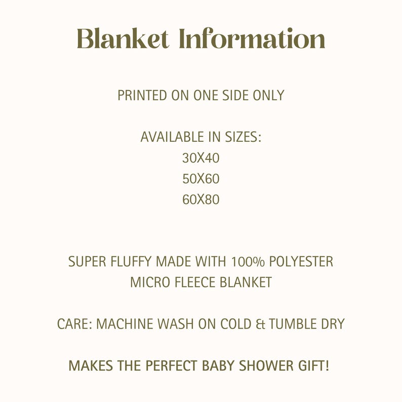 May include: Text on a white background reads "Blanket Information" followed by details about the blanket. It is printed on one side only and available in 30x40, 50x60, and 60x80 inch sizes. The blanket is made of 100% polyester micro fleece and is machine washable.