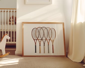 arredamento vintage sportivo per la cameretta dei bambini, decorazione per la cameretta dei bambini, racchetta da tennis in legno, arte murale per la cameretta dei bambini, tema sportivo, arte murale per la cameretta dei bambini, decorazione murale antica