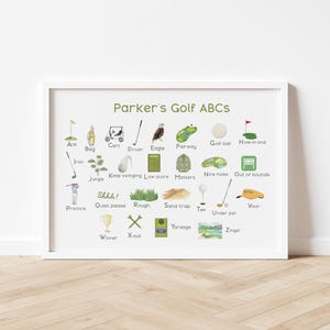 Targa con nome da golf, decorazione per cameretta dei bambini, decorazione per cameretta dei bambini, targhetta con nome da bambino, decorazione per sala giochi, stampa orizzontale da golf con alfabeto da golf.