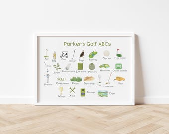 Letrero con nombre de golf, decoración para habitación infantil, decoración para habitación de niño, letrero con nombre de bebé con alfabeto, decoración para sala de juegos, alfabeto de golf, arte de pared para guardería de niño, impresión horizontal de golf