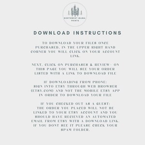 May include: A white background with black text explaining how to download digital files purchased from Etsy. The text includes instructions for downloading from a computer and from a phone. The text also includes instructions for downloading files if you checked out as a guest.