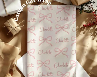 Papier cadeau avec nom personnalisé, noeud pour cadeau de Noël Papier cadeau avec noeud, décoration personnalisée pour chambre de bébé, cadeau de baby shower, rose