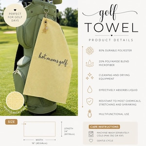 K&ouml;nnte beinhalten: Hellgelbes Golfhandtuch mit dem Text "hot moms golf", das an einer Golftasche h&auml;ngt. Das Handtuch ist 60,96 cm lang und 40,64 cm breit. Es besteht aus 80 % strapazierf&auml;higem Polyester und 20 % Mikrofaser.