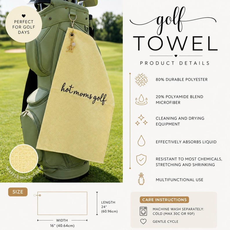 K&ouml;nnte beinhalten: Hellgelbes Golfhandtuch mit dem Text "hot moms golf", das an einer Golftasche h&auml;ngt. Das Handtuch ist 60,96 cm lang und 40,64 cm breit. Es besteht aus 80 % strapazierf&auml;higem Polyester und 20 % Mikrofaser.