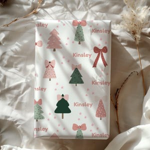 christmas wrapping roll custom name wrapping paper christmas tree gift wrap for present personalized wrapping paper pink bow gift wrap xmas