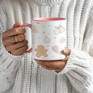 Christmas Mug with Gingerbread Men, Presents, Ornaments & Snowflake Pattern - Festive Holiday Coffee Cup, Seasonal Gift, Xmas Gift 11, 15oz