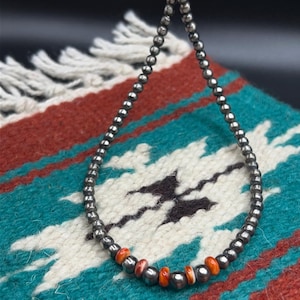 5 & 6mm Navajo Pearl and Spiny Oyster  Necklace