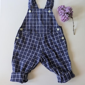 Blue checked vintage dungarees / bib Overalls, boys Cyrillus outfit circa 1980s, French clothing for 12 month old boy in vintage fabric