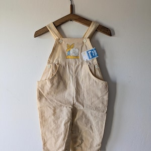 Pale yellow vintage dungarees / bib Overalls, boys retro outfit circa 1980s, French clothing for 6 month old boy in vintage fabric