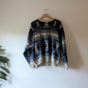 Vintage winter sweater, large Armand Thiery woollen jumper in beige and blue, warm, slouchy vintage jumper 1980s