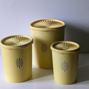 Peut inclure: Ensemble de trois boîtes de rangement en plastique jaune vintage avec couvercles assortis. Chaque boîte présente un motif floral décoratif et un couvercle cannelé. Les boîtes sont de tailles différentes, adaptées au stockage en cuisine.