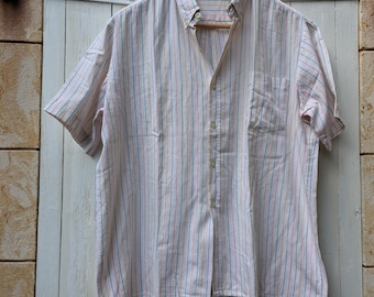 Vintage 80s shirt, unisex retro short sleeves stripey, collar shirt, retro clothing for vintage vibes, pastel colour Spring Summer stripes