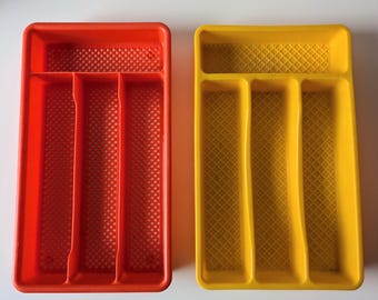 Vintage utensil tray, cutlery storage and organisation for kitchen drawer, retro plastic orange Kitchenware for 80s retro vibe