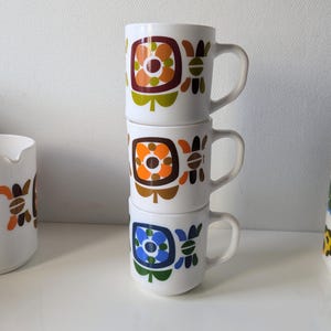 3 French vintage cups, Mobil retro floral 80s kitchen and diningware, vintage housewarming gift for new home, collectable vintage mugs