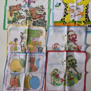 Vintage children&#39;s hankies, retro cotton handkerchiefs circa 1970s and 80s, re-usable, eco friendly tissues for children