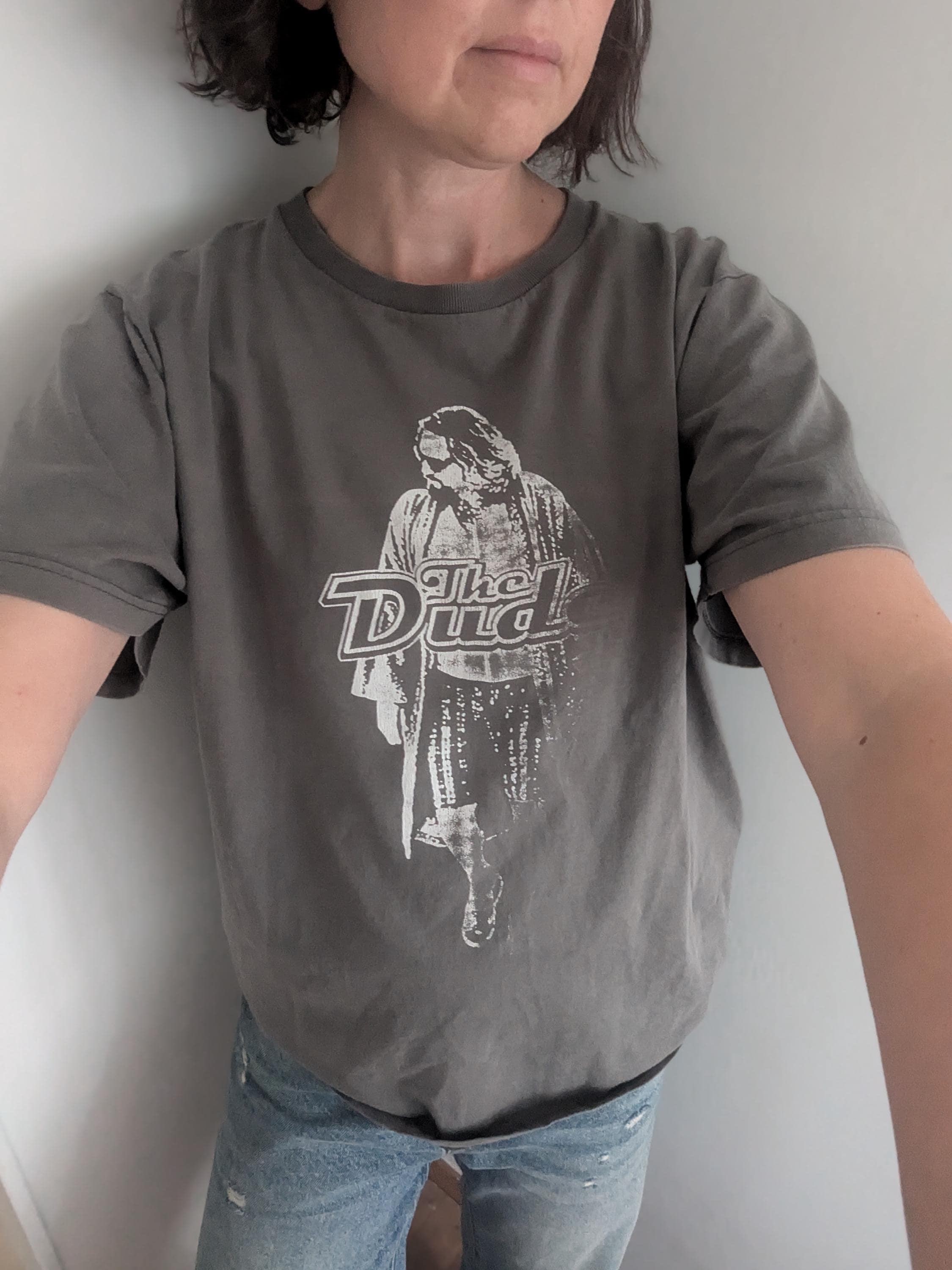 L Vintage The Dude, grey t shirt with short sleeves, 90s clothing, original grunge t shirt, the Big Lebowski clothes