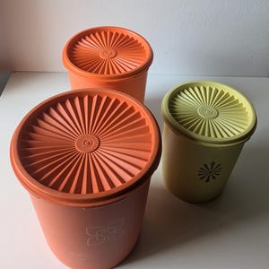 Retro tupperware, yellow and orange vintage tupperware storage containers for kitchen and home, lot of 3 lidded boxes for home organisation