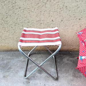 70s retro camping stool, striped, pink and red foldable, lightweight French camping stool, retro outdoor waterproof seating