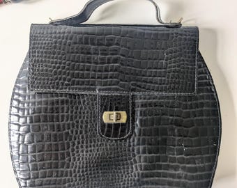 Black Vintage handbag, French retro patent bag