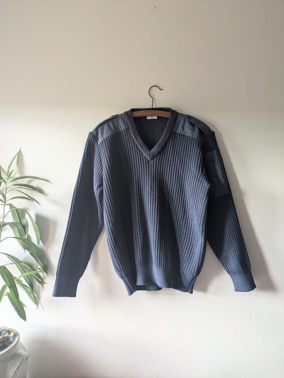 Saint James, Vintage Saint James Wool Sweater, French Blue Ribbed Jumper, Elbow Detail