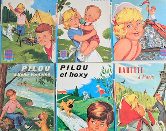 French vintage children&#39;s books, lot of 6 1960s story books, harback books published by Rouge et Bleue, Babette, Pilou story books