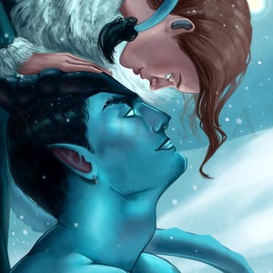 May include: A blue-skinned person with horns and a woman with long brown hair are looking at each other. They are in a snowy setting with a blue and white background. The woman is wearing a white fur coat and a blue headband. The man is wearing a blue shirt. The text "Mythlista" is in the bottom left corner of the image.