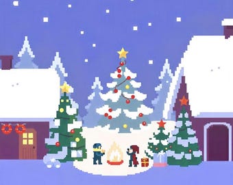 May include: A snowy winter scene with two people standing by a campfire in front of a decorated Christmas tree. There are two houses in the background, one with a wreath on the door and the other with a red roof.