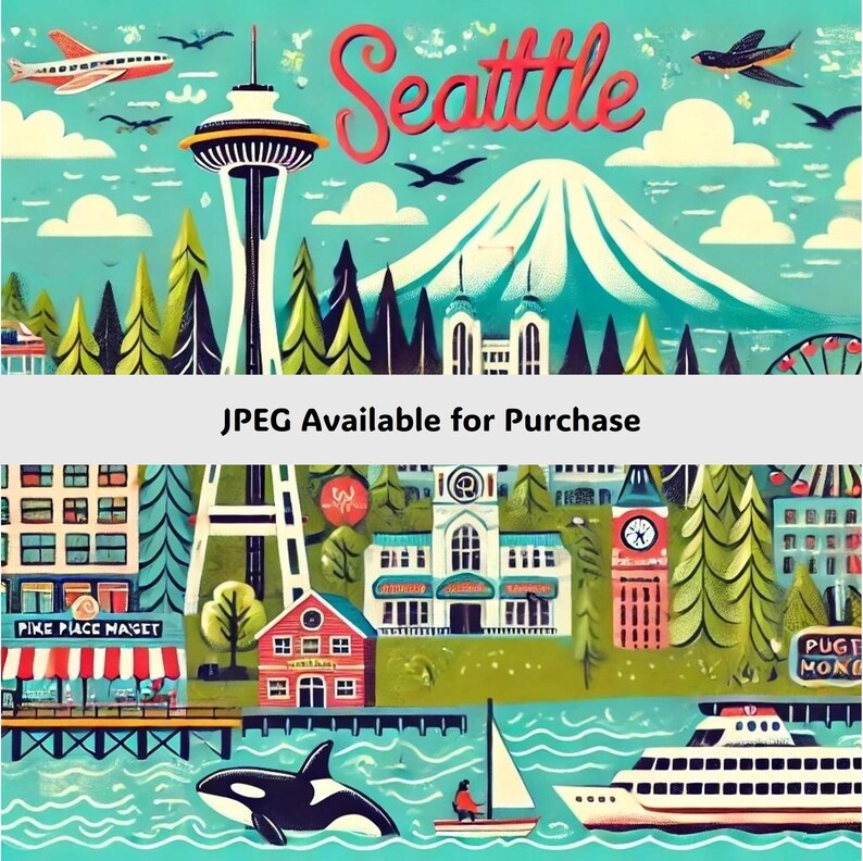 Seattle Iconic Sights Graphic Digital Art for Download use on Greeting ...