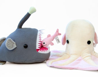 Anglerfish and Dumbo Octopus Glow in the Dark plush set Deep Creeps