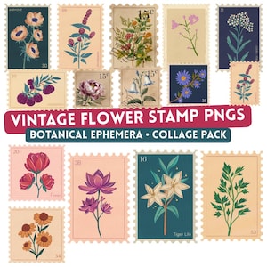 15 Vintage Flower Stamp PNG, Botanical Ephemera Pack, Floral Postage Clipart for Junk Journal, Scrapbook Elements, Commercial Use, Download