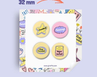 Self Care Pin Button Set, Motivational Badge Pack, Positivity Gift for Friends, 32mm Cute Aesthetic Pins, Mental Health Matters, Stay Focuse