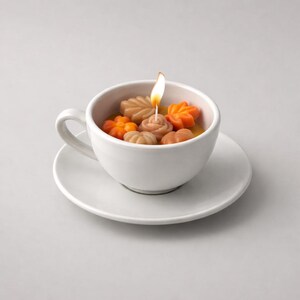 Könnte beinhalten: Eine weiße Tasse und Untertasse halten eine Kerzenanordnung. Die brennende Kerze ist von kleinen, dekorativen Kerzen in Form von Blättern und Kürbissen in Orange-, Braun- und Beigetönen umgeben. Die Tasse ist mit einer gelben Flüssigkeit gefüllt.