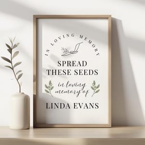 Poema personalizado para funeral, letrero de obsequios funerarios, verso que dice "Difunde estas semillas para celebrar la vida", citas conmemorativas, recuerdos funerarios conmemorativos