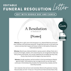 Carta de resolución de funeral, resolución conmemorativa, en memoria amorosa, plantilla de carta de servicio conmemorativo, plantilla de funeral de la iglesia, poema fúnebre