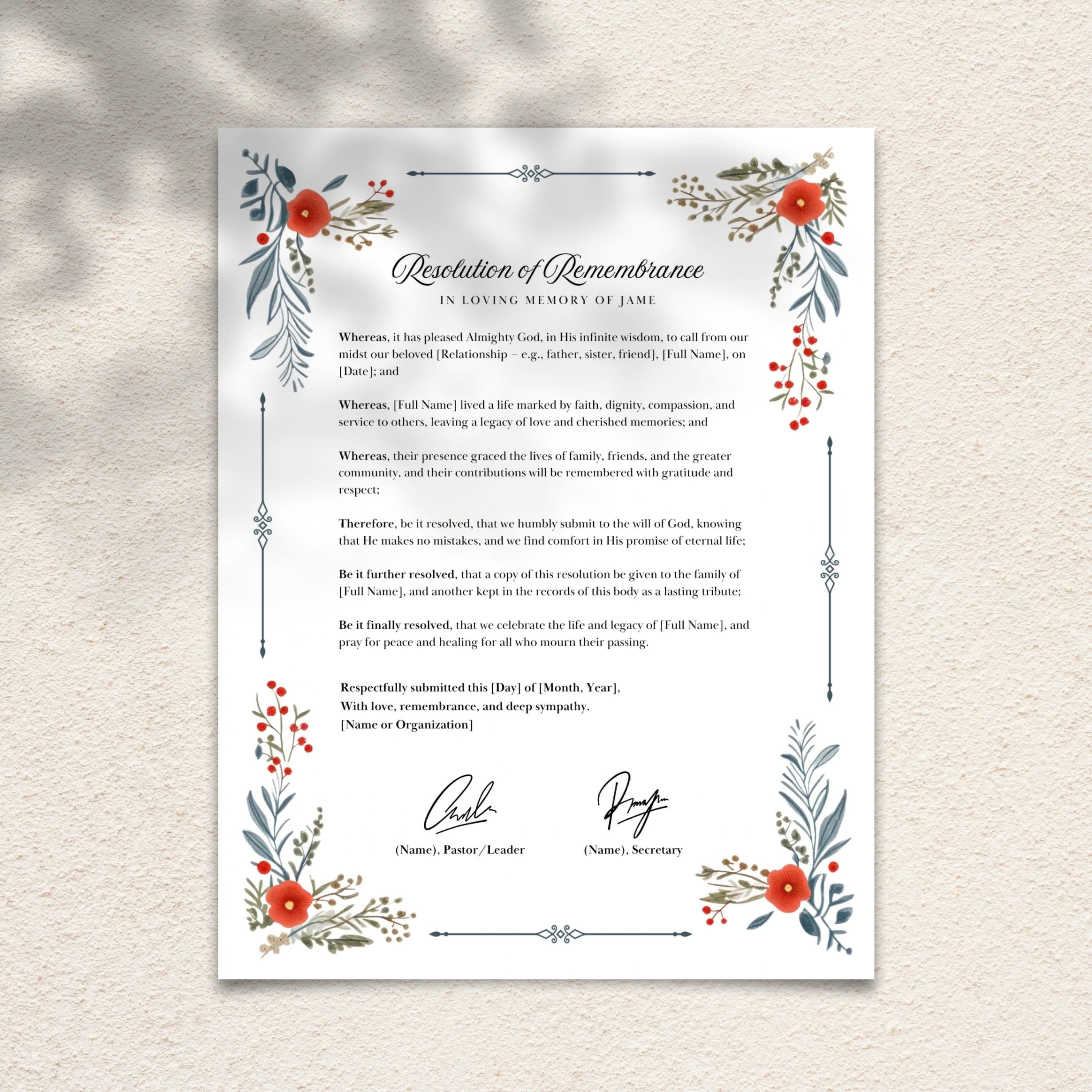 Funeral Resolutions for Black Churches, Memorial Resolution, in Loving ...