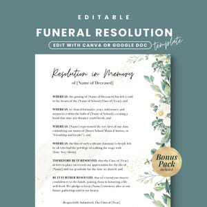 Könnte beinhalten: Bearbeitbare Trauerauflösungsvorlage mit dem Text "Resolution in Memory" und Platz für Details. Verfügt über florale Akzente und einen Aufkleber "Bonus Pack included". Entworfen für die Verwendung mit Canva oder Google Docs.