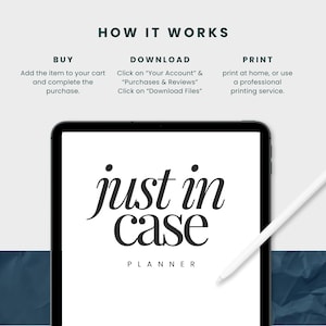 May include: A digital planner with the text "just in case" and the word "PLANNER" below it. The planner is displayed on a tablet screen.