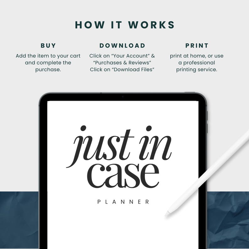 May include: A digital planner with the text "just in case" and the word "PLANNER" below it. The planner is displayed on a tablet screen.
