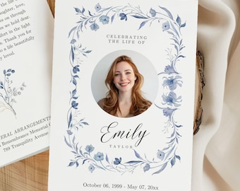 Dusty Blue Funeral Program, Floral Funeral Program, Funeral Card, Celebration Of Life, Editable Funeral Program, In Loving Memory, F018