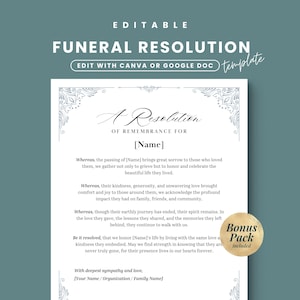 May include: Editable funeral resolution template with text: "A Resolution of Remembrance for [Name]" and "Edit with Canva or Google Doc". Includes a "Bonus Pack included" sticker. The design features floral accents and a teal background.