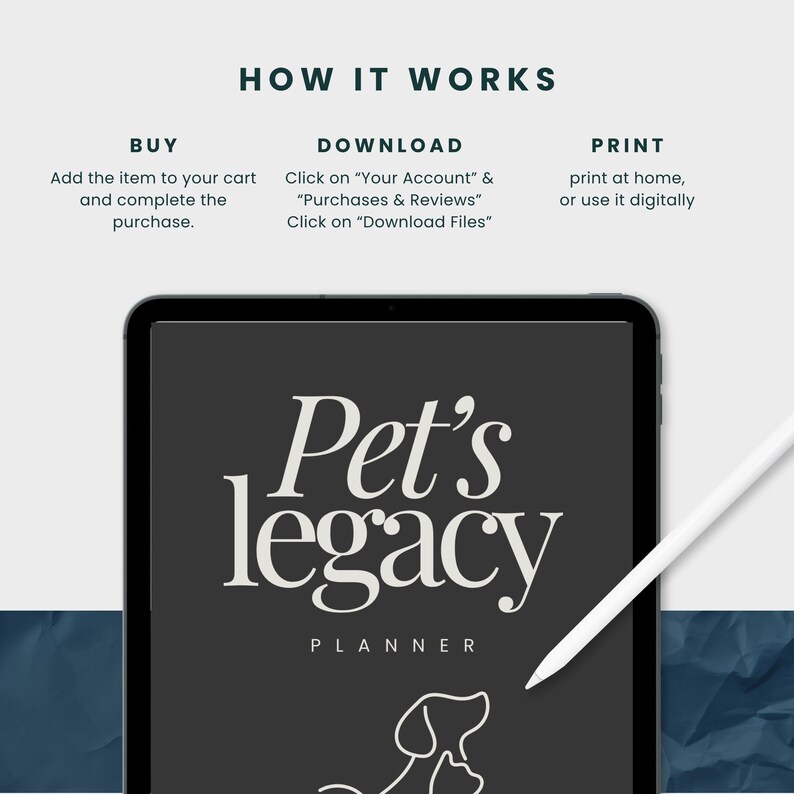 Puede incluir: Una tableta negra muestra un planificador digital titulado "Pet's Legacy Planner". La imagen muestra instrucciones: Comprar, Descargar e Imprimir. Un l&aacute;piz &oacute;ptico blanco est&aacute; al lado de la tableta. El fondo es un degradado azul.