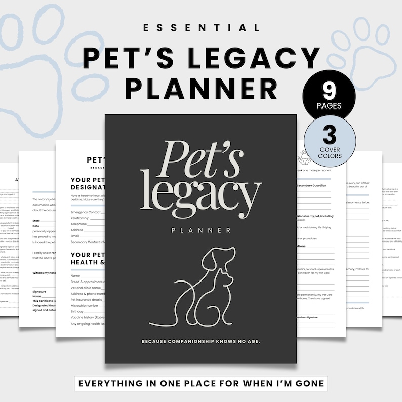 Puede incluir: Un planificador negro de Pet's Legacy con el texto "Pet's Legacy Planner" y un dibujo lineal de un perro y un gato. El planificador tiene 9 p&aacute;ginas y viene en 3 colores de portada. El texto "Because companionship knows no age" est&aacute; debajo.