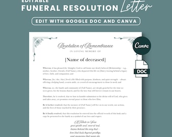 Funeral Resolution Letter, Memorial Resolution, in Loving Memory ...
