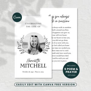 Funeral Prayer Card Template, Memorial Prayer Card, Funeral Poem, Celebration Of Life, Minimalist Funeral Ceremony, Editable Obituary, F002