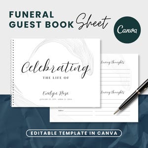 May include: A white funeral guest book template with a black and white abstract design. The text "Celebrating the Life of Evelyn Rose" is printed on the cover. The template is editable in Canva.