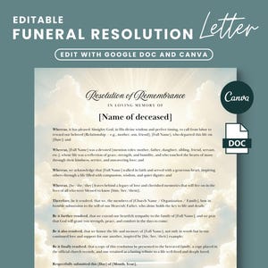 Carta de resolución de funeral, Resolución conmemorativa, En memoria amorosa, Plantilla de carta de servicio conmemorativo, Plantilla de funeral de iglesia, Carta de duelo