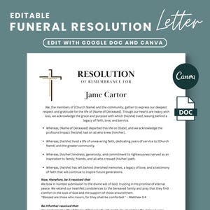 Carta de resolución de funeral, resolución conmemorativa, en memoria amorosa, plantilla de carta de servicio conmemorativo, plantilla de funeral de la iglesia, poema fúnebre