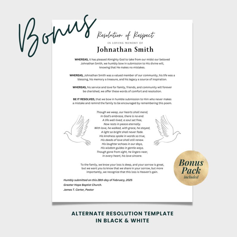 Funeral Resolutions for Black Churches, Memorial Resolution, in Loving ...