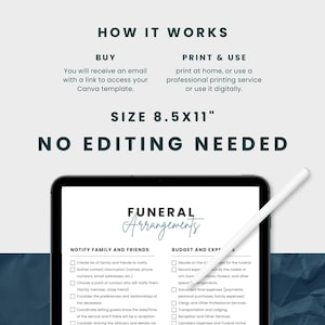 May include: A digital tablet displaying a printable funeral arrangement checklist. The checklist includes sections for notifying family and friends, budgeting and expenses, and other funeral arrangements. The text "FUNERAL Arrangements" is at the top of the checklist.