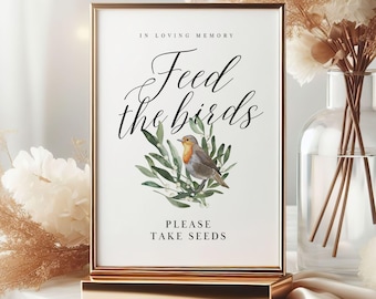 Begrafenis gunsten teken, begrafenis vogel zaad gunst, Memorial zaad pakket teken sjabloon, viering van het leven gunsten, digitale download pdf